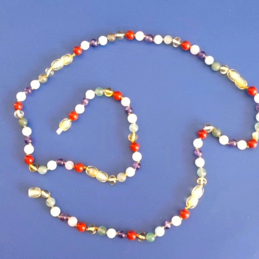 Multi Natural Real Amber and Gemstone Long Necklace.